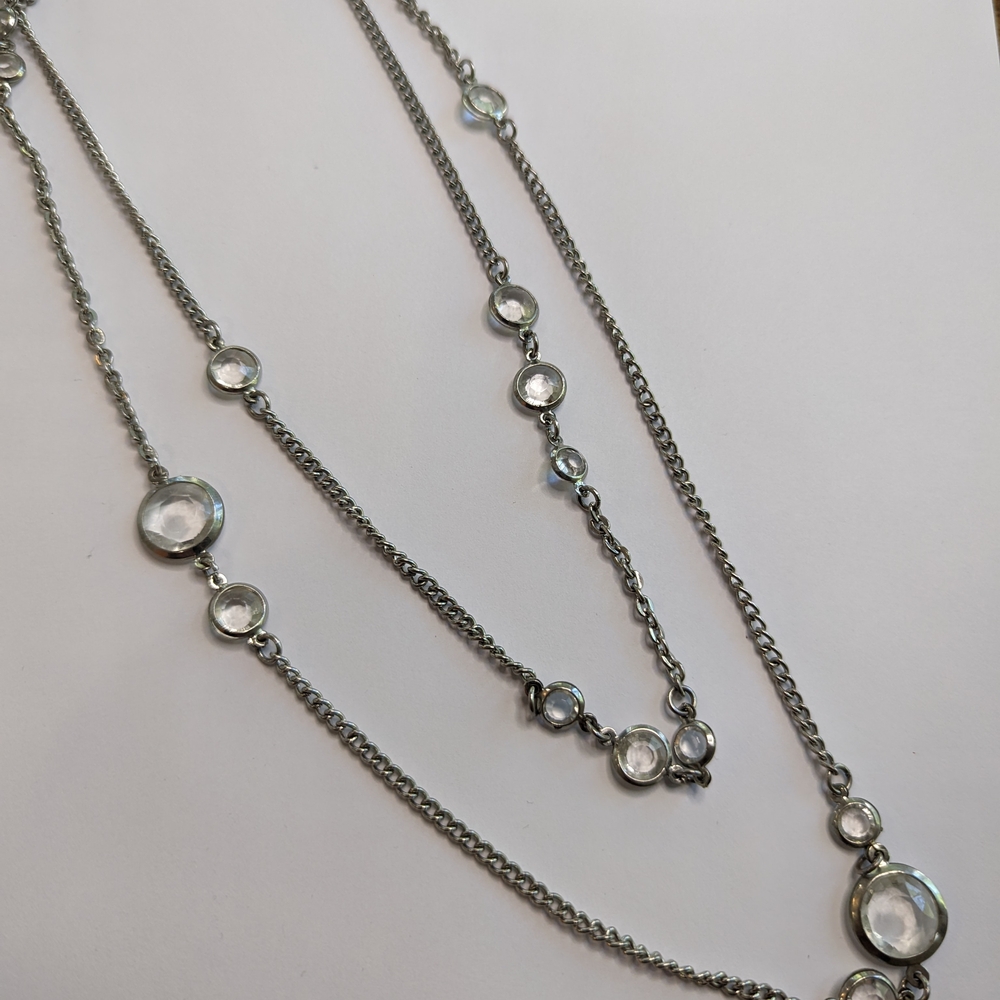 Silver Tone with Clear Bezel Long Layering Necklace